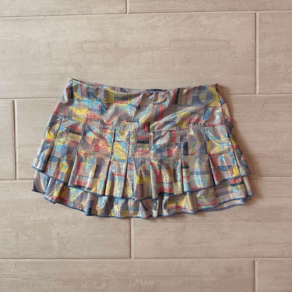 Lucky In Love Count Me In Tiered Shimmer Tennis Skirt Holographic Foil Print M